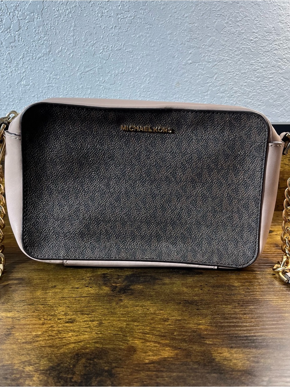 Michael Kors Black and Blush Crossbody with Gold Chain